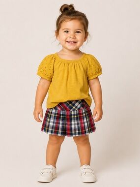 Girls set: Eyelet Sleeve Top and plaid skort
